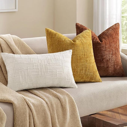 decorUhome Mustard Yellow Chenille Throw Pillow Covers 12x20 Set of 2 Thick Textured Slubby Couch Pillow Covers Farmhouse Accent Modern Neutral Decorative Pillow Cases for Bed Sofa Living Room