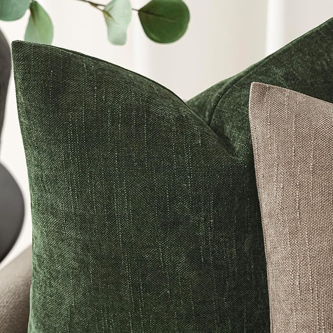 Foindtower Pack of 2 Soft Textured Chenille Throw Decorative Pillow Covers Square Accent Solid Cushion Cover Neutral Farmhouse Pillow Case for Couch Sofa Bedroom Living Room 18x18 Inch,Dark Green