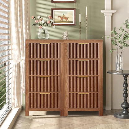 Modern 8-Drawer Solid Wood Dresser with Fluted Front & Gold Handles, Multifunctional Tall Storage Chest, for Hallway, Entryway, Walnut X2