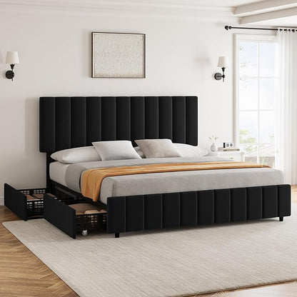 Garvee Queen Size Bed Frame with 4 Storage Drawers, Adjustable Height Headboard, Linen Upholstered Platform Bed Frame, No Box Spring Needed, Easy Assembly, Black
