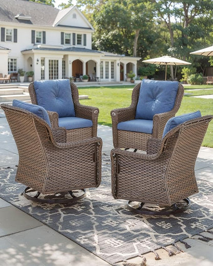 Patio Chairs Outdoor Swivel Glider - Set of 4 High Back Outside Brown Wicker Rattan Rocking Chair with Thick Cushion for Porch Apartment Deck Yard Poolside Garden - Navy Blue