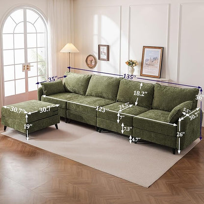 135'' Modular Sectional Sofa with All Seats Storage, Oversized L Shaped Couch for Living Room,4-Seater Comfy Cloud Couches with Movable Ottoman,Big Sectionals for Bedroom,Velet,Green