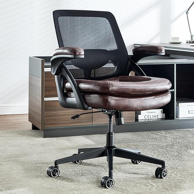Big and Tall Office Chair, 500lbs Mesh Heavy Duty Ergonomic Desk Chair with Flip-up Armrests, Plus Size Wide Seat in PU Leather, 360 Swivel Computer Executive Task Chair for Home Office (Brown)
