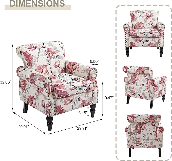 Accent Chair, Upholstered High Back Floral Armchair with Nailhead Trim & Wood Legs, Comfy Wingback Reading Single Sofa Chair for Small Spaces, Living Room, Bedroom-White Floral, Set of 1