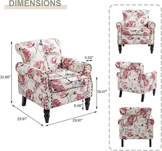 Accent Chair, Upholstered High Back Floral Armchair with Nailhead Trim & Wood Legs, Comfy Wingback Reading Single Sofa Chair for Small Spaces, Living Room, Bedroom (White Floral, Set of 2)