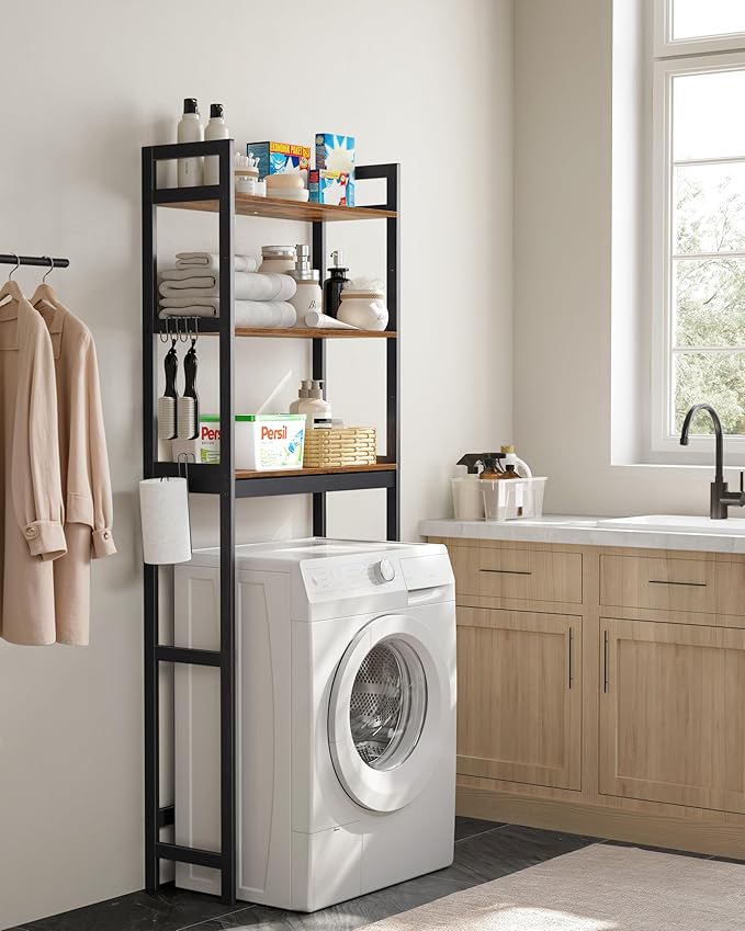 SONGMICS Over-The-Toilet Storage, 3-Tier Bathroom Organizer Over Toilet with Adjustable Shelves, Hooks, Bamboo, Freestanding Space Saver Bathroom Shelves, Rustic Brown and Ink Black UBTS012B01