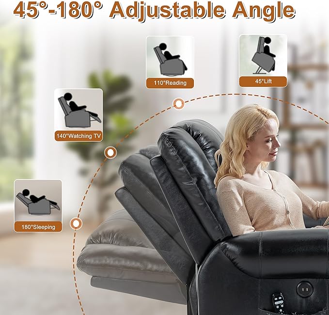 Luxlen Power Lift Recliner Chair for Elderly, Dual Motor Massage Recliner with Lumbar Heat, Heavy Duty Motion Mechanism Lift Chair with Charge Ports, Genuine Leather - Black