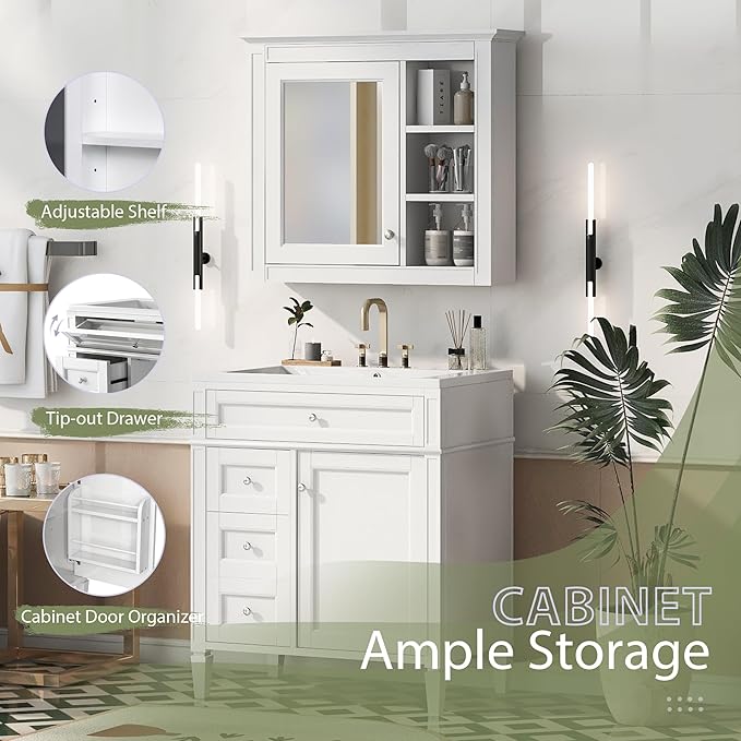 30" Bathroom Vanity with Matching Medicine Cabinet, Modern Sink Storage Cabinet with Drawers, Soft Closing Doors and Shelf, Bathroom Vanities with Sink & Mirror