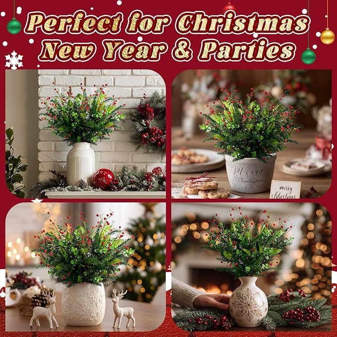 2PCS Artificial Pine Branches with Red Berry Pine Cones Artificial Needles Branches Greenery Stems Fake Greenery Floral Arrangements