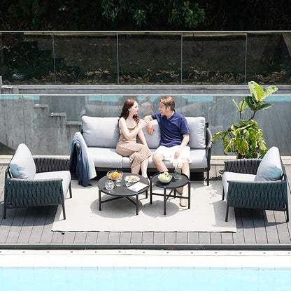 Grand patio 5-Piece Outdoor Furniture Set, Outdoor Sofa Set with 2 Round Side Tables, Modern Metal Patio Couch with Thick Waterproof Cushions for Porch Deck Backyard, Dark Grey
