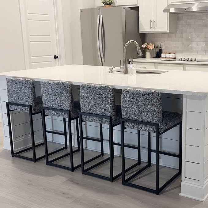 ALPHA HOME 24" Bar Stools Set of 2 Kitchen Counter Stools with Back, Counter Height Stools with Upholstered Footrest for Kitchen Island, Metal Steel Frame, Chenille, Gray