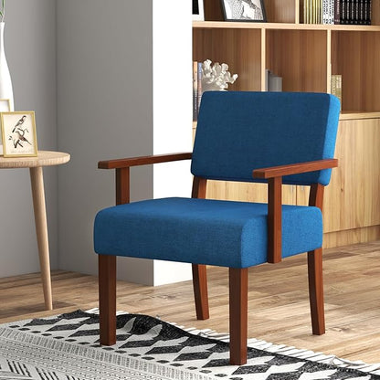 Giantex Mid Century Modern Accent Chair Blue - Linen Living Room Arm Chair w/Soft Padded Seat & Backrest, Rubber Wood Frame, Upholstered Reading Chair for Living Room, Bedroom, Reception