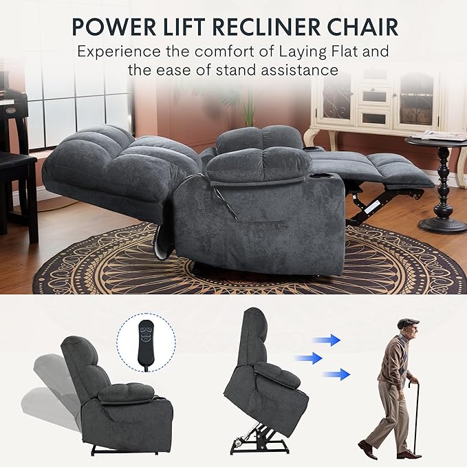 FLEXISPOT XL5 Dual OKIN Motor Power Lift Recliner Chair for Elderly, Lay Flat Electric Recliner with Massage & Heat, USB Ports, Fabric Reclining Sofa for Living Room Bedroom, Grey