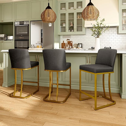 MAISON ARTS Counter Height Bar Stools with Back for Kitchen Counter, 24 Inch Modern Upholstered Faux Leather Barstools Farmhouse Bar Chairs Luxury Island Stools Support 330LBS, Grey & Gold