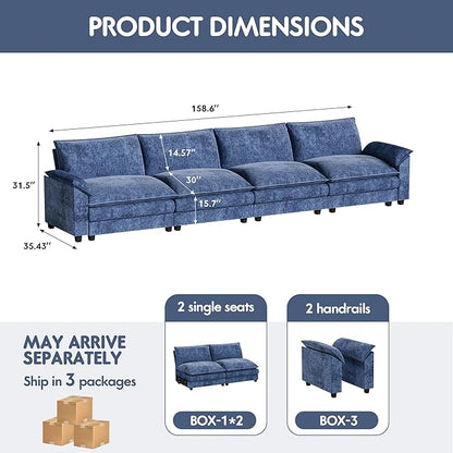 Homall 159" Modular Sectional Sofa, Linear Sofa Couch with Double-Layer Cushion, DIY Combination Chenille Deep 4-Seat Cloud Couch for Living Room, Apartment (Dark Blue, Linear Sofa)