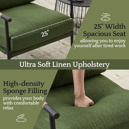 LukeAlon Mid-Century Linen Accent Chair, Ultra Soft Living Room Chair with Metal Legs Modern Armchair Reading Nook Chair Lounge Chair Upholstered Comfy Leisure Chair for Bedroom Waiting Room, Green