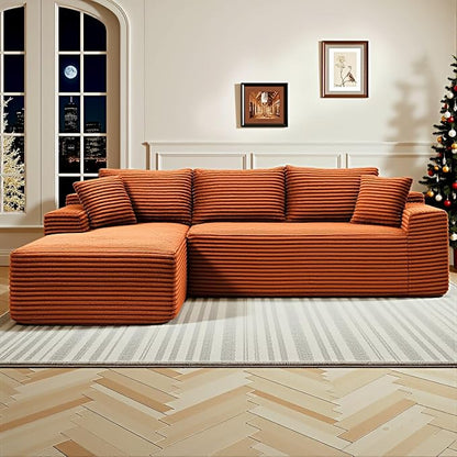 108" Cloud Sectional Couch,Modern Modular Sectional Sofa with Deep Seat,Corduroy Boneless Couches with L-Shape Chaise for Living Room,No Assembly Required (Orange, Left Facing Chaise)