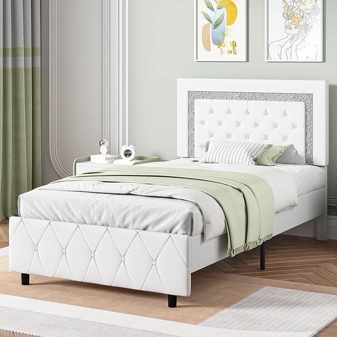 BarnFurin Twin Size Bed Frames, Upholstered Platform Bed with Button Tufted Headboard, Princess Platform Bed with Diamond Design, Wooden Slats Support, No Box Spring Required, Easy Assembly, White