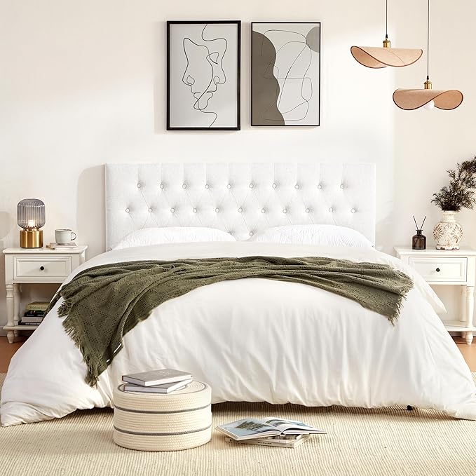 Tufted Upholstered Headboard King Size, Solid Wood Head Board with Durable Metal Legs, Adjustable Height Bed headboard from 37" to 51" Fabric Headboard in Modern Button Design, White