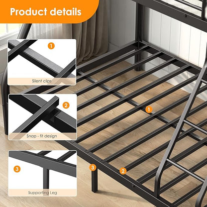 Twin Over Full Bunk Bed for Adults, Metal Bunk Beds Twin Over Full Size for Teens Dorm Bedroom Guest Room, Heavy Duty Bunk Beds with Ladder & Guardrail, No Box Spring Needed, Black
