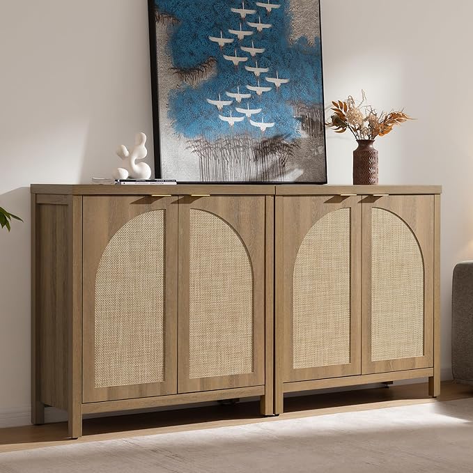 SICOTAS 68" W Rattan Sideboard Buffet Cabinet with Storage Set of 2, Mid Century Modern Credenza with Arch Doors & Shelves Farmhouse Coffee Bar Media Console Cabinets for Living Room, Entryway