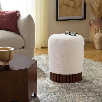SAFAVIEH Home Collection - Cerna Off-White Ottoman with Dark Brown Solid Wood Base, Modern Round Accent Seat, Fully Assembled (OTT3402A)