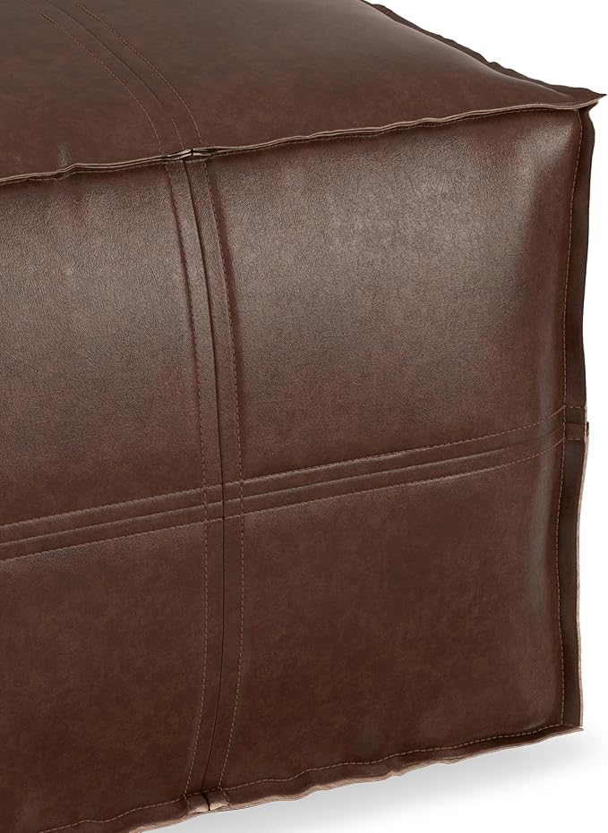 SIMPLIHOME Brody 18-inch Wide Square Pouf in Distressed Dark Brown Vegan Faux Leather, Boho-Style Ottoman, Footstool or Extra Seating for Living Room, Assembled