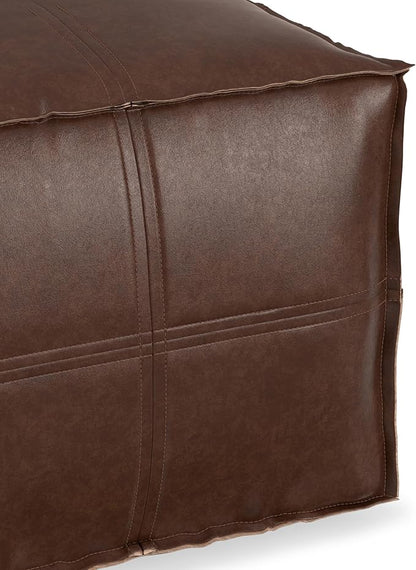 SIMPLIHOME Brody 18-inch Wide Square Pouf in Distressed Dark Brown Vegan Faux Leather, Boho-Style Ottoman, Footstool or Extra Seating for Living Room, Assembled