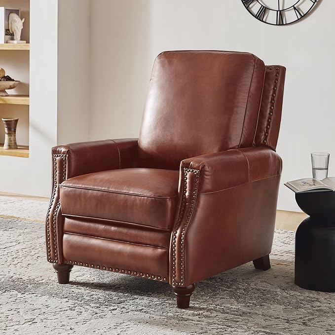 HULALA HOME Genuine Leather Recliner Chair Set of 2, Push Back Recliner Armchair with Thick Seat and Backrest(Brown)