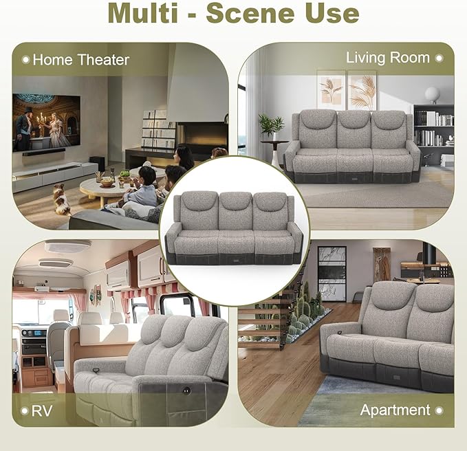 Manual Reclining Sofa, Flip Middle Backrest 2-in-1 Couch with Large Storage Drawer, USB Ports & Cup Holders, Grey Linen & Chocolate Leather Living Room Loveseat Recliner Sofa, Grey