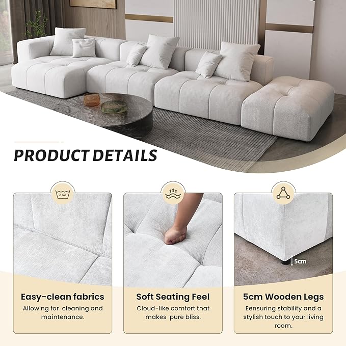 WJShome Modular Sectional Sofa,140inch Cloud Couch Deep Seat Sectional Couches for Living Room,Modern Linen Upholstered Loveseat Couch with Pillow for Home,White