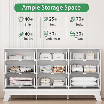 Fluted Dresser for Bedroom with 9 Drawers, 57" Wide Modern Chest of Drawers with Metal Handle, Wooden Dresser TV Stand, Wood Closet Clothes Storage Organizer for Living Room, Hallway, White