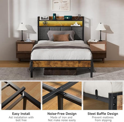 Z-hom Twin Bed Frames, Twin Bed Frame with 2-Tier Storage Upholstered Headboard, Metal Platform with USB Charging Station & LED Lights, Noise Free, No Box Spring Needed, Easy Assembly, Vintage Brown