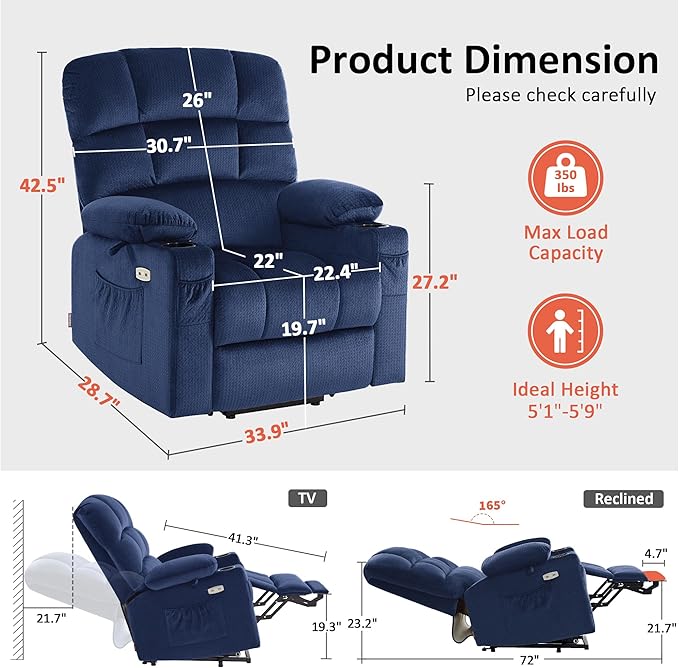MCombo Dual Motor Power Lift Recliner Chair with Massage and Heat for Elderly People, Infinite Position, USB Ports, Cup Holders, Fabric 7679 (Medium, Navy Blue)