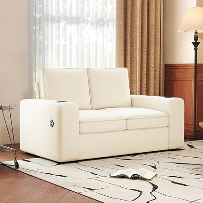 Furnimart 4-Seater Sectional Sofa and Couch Set Teddy Fabric, Loveseat & 2PC Chairs with USB Charger and Cup Holder, Small Living Room Furniture Set for Apartment, Tiny Homes and Lofts, 3PC-Beige