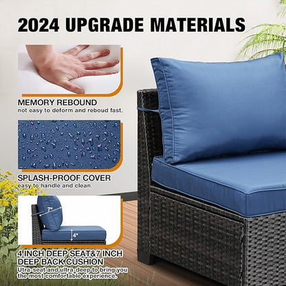 5 Pieces Patio Furniture Set All-Weather Outdoor Wicker Sectional Conversation Sofa Rattan Patio Seating Sofa with Cushion and Glass Table and Ottoman for Porch Poolside,Navy