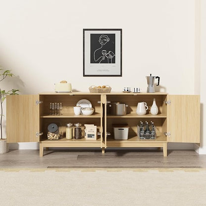Scurrty Modern Buffet Cabinet with Storage,Wood Color Buffet with Adjustable Shelf and 4 Doors, Natural Wood Grain Accent Cabinet for Living Room & Kitchen