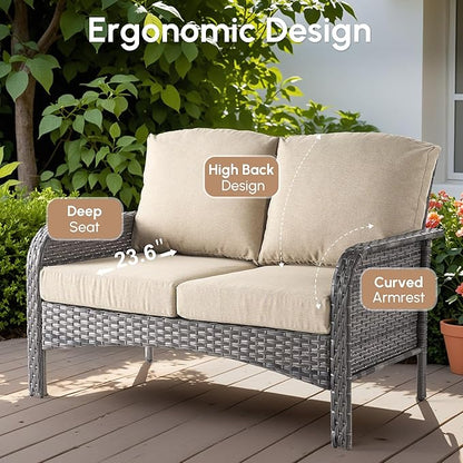 2 Pieces Wicker Patio Furniture Loveseat with Table - Outdoor Rattan Patio Bistro Set of 2,All-Weather PE Wicker Conversation Sofa High Back Deep Seating for Deck Porch Yard,Beige