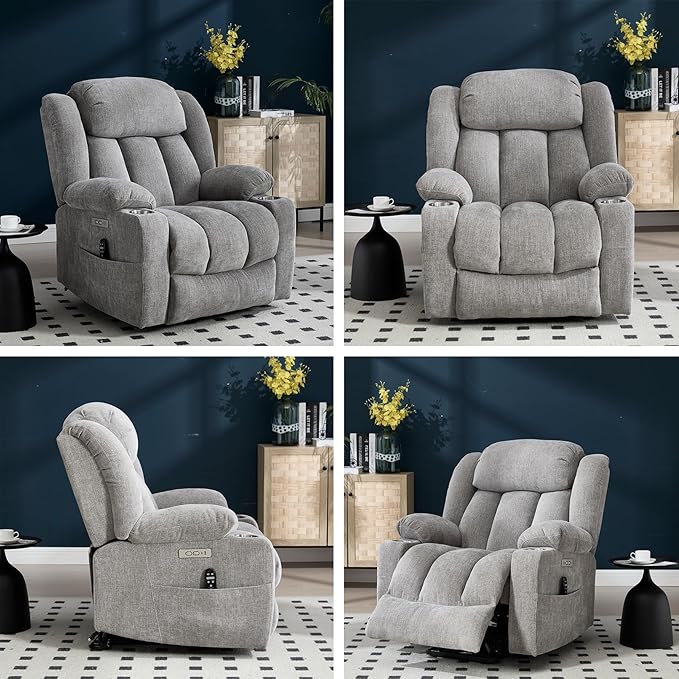 Power Lift Recliner Chair, USB/Type-C Ports & Cup Holders, Heavy Duty Chenille Recliner for Elderly, Light Grey
