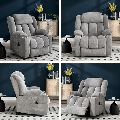 Power Lift Recliner Chair, USB/Type-C Ports & Cup Holders, Heavy Duty Chenille Recliner for Elderly, Light Grey