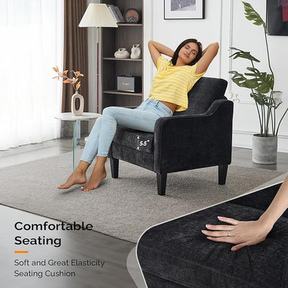 VINGLI Living Room Chairs Set of 2, Black Accent Chair 5.5" Thick Seat Cushion Comfy Chair Soft Chenille Side Chair Upholstered Arm Chair for Bedroom, Play Room, Apartment, Office (Black)
