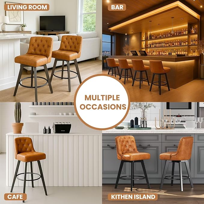 MINCETA Bar Stool, PU Leather Barstool, 30 Inch Upholstered Counter Stool with Low Tufted Back and Footrest, Swivel Counter Height Barstool for Kitchen Island Home Bar Brown