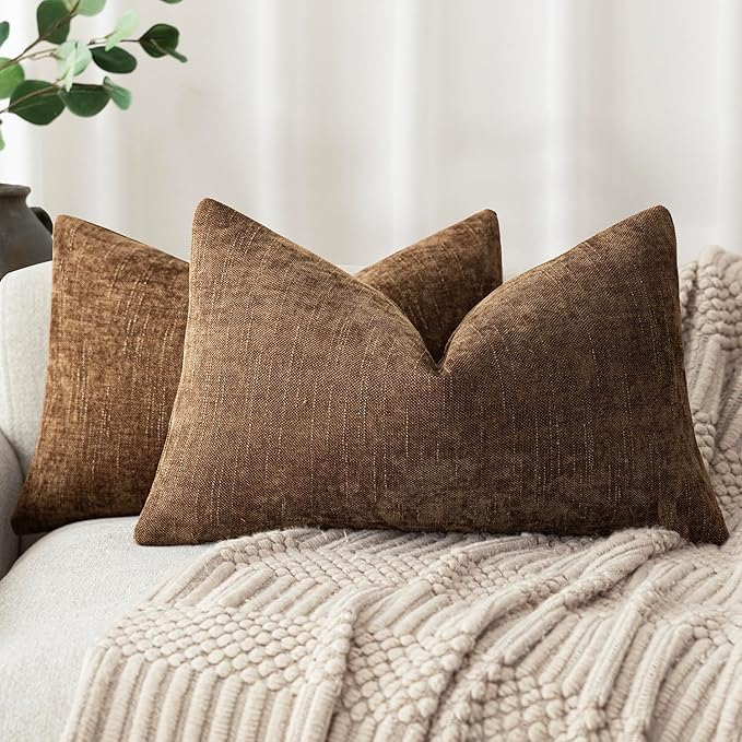 Foindtower Set of 2 Textured Chenille Throw Decorative Pillow Covers Square Accent Solid Cushion Cover Neutral Farmhouse Lumbar Pillow Case for Couch Sofa Bedroom Living Room 12x20 Inch,Dark Bronze