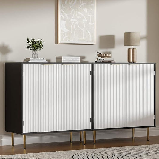 Buffet Sideboard Cabinet [Set of 2] with 4 Doors, Modern Cabinet with with Adjustable Shelf, Golden Handles & Legs, Coffee Bar Sideboard for Kitchen, Living Room, Black & White