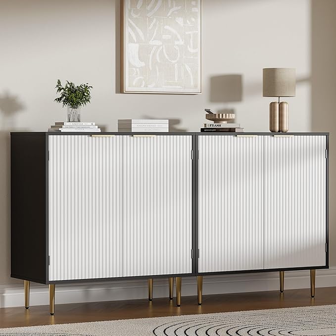 Buffet Sideboard Cabinet with 2 Doors, Modern Kitchen Cabinet with Golden Handles & Legs, Adjustable Shelf, Accent Coffee Bar Storage Sideboard for Kitchen, Living Room, Black & White