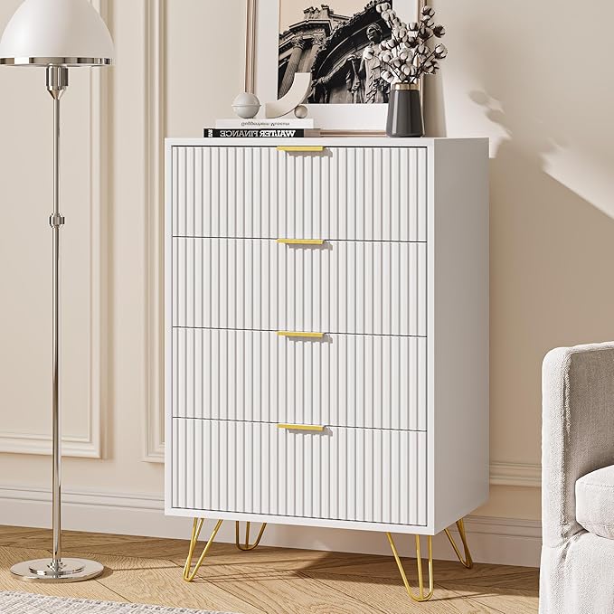 White Dresser for Bedroom, Modern Dresser with Gold Metal Handles & Chests of Drawers