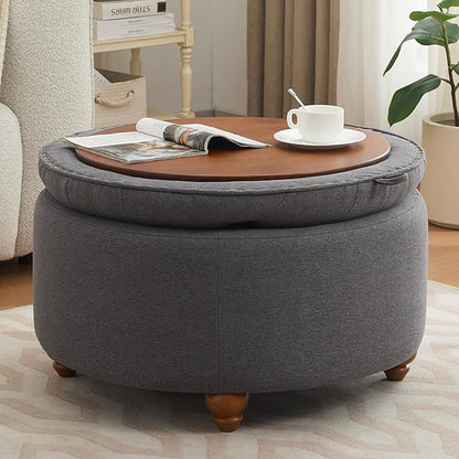 30Inch Round Storage Ottoman with Tray, Modern Tufted Fabric Circle Coffee Table with Storage, Upholstered Ottoman with Removable Top for Living Room, Bedroom, Dark Grey