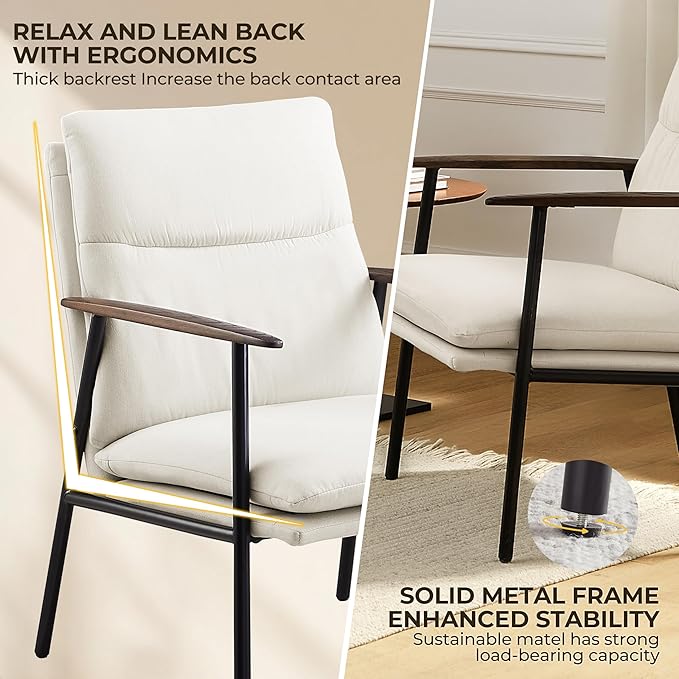 Art Leon Accent Chairs Set of 2-Fabric Side Sitting Chair Solid Accent Chair with Wood Armrests Ergonomic Reading Chair with Metal Frame for Living Room, Bedroom, Guest Room Beige