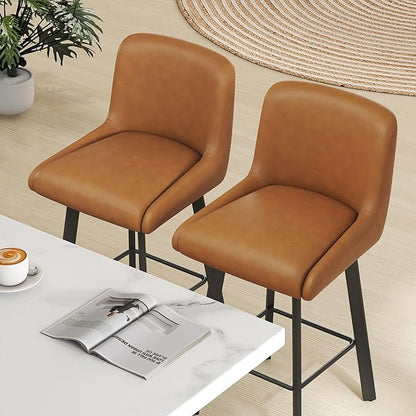 Swivel Counter Height Bar Stools Set of 2, 30''H Upholstered Barstools with Backs, Modern Bar Stool Chairs for Kitchen Island, Metal Legs, Faux Leather, Whiskey Brown Stools Counter Chair