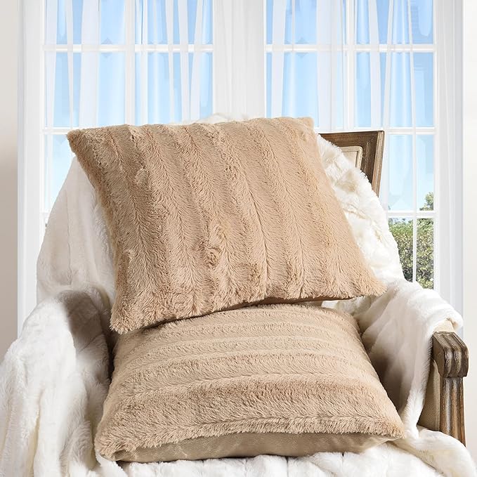 Cheer Collection Faux Fur Throw Pillows - Decorative Pillows for Couch, Bed Throw Pillows, Sand Accent Pillows for Bedroom or Living Room Aesthetic, Set of 2 Furry Throw Pillows, 22" x 22"